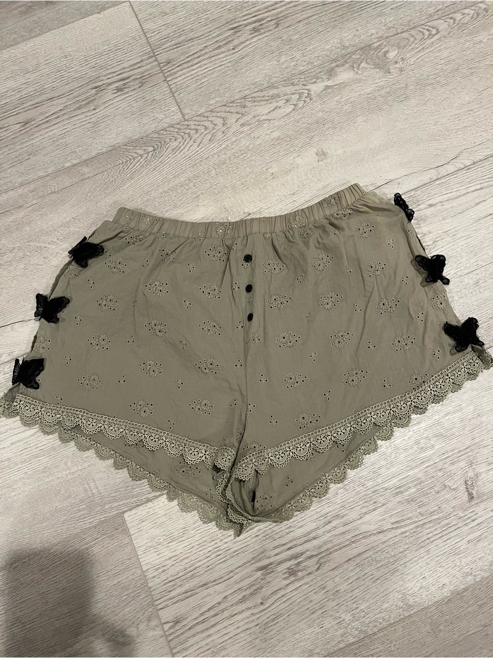 Olive Eyelet Lace Trim Shorts with Black Butterfly Details